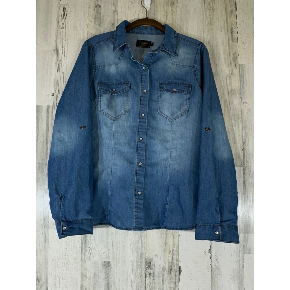 Cavalini Denim Button‎ Up Shirt Size Small Tailored Roll Tab Sleeve Fading